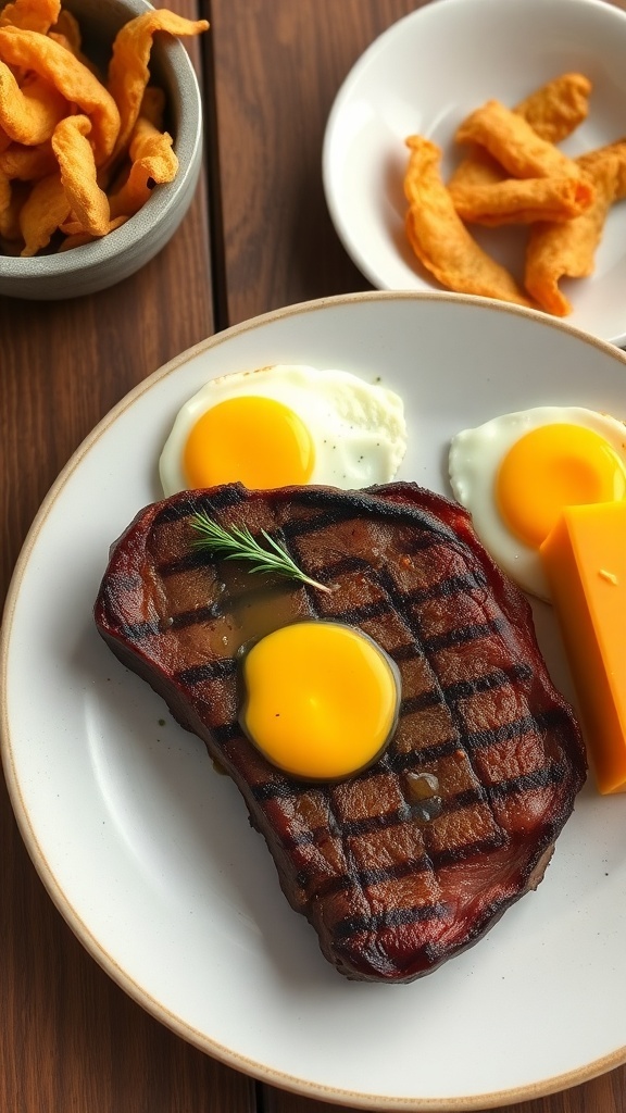 A plate with ribeye steak, eggs, and cheddar cheese on a wooden table.